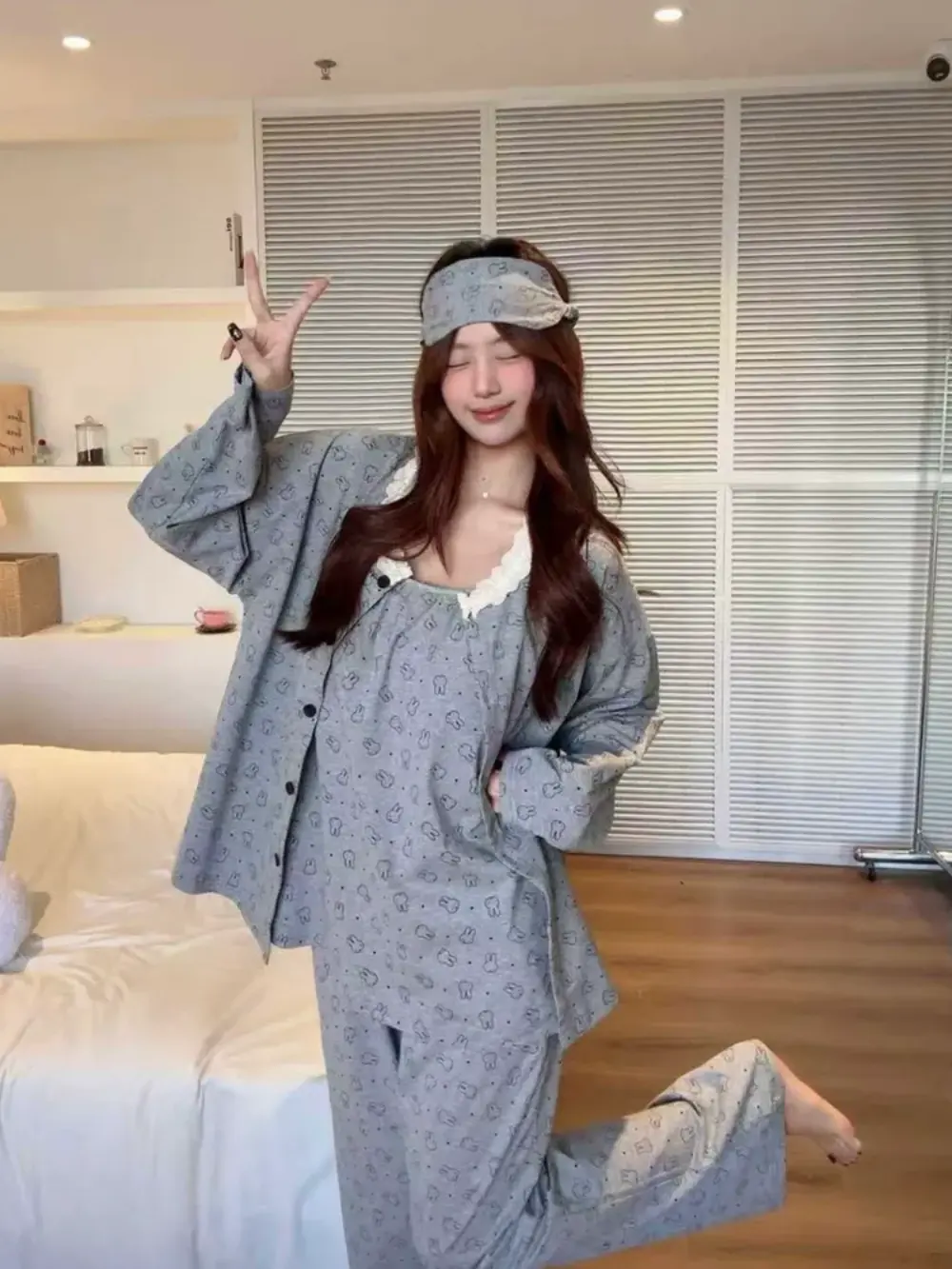 "Miffy Bunny" 7-Piece Grey Cotton Rich Pajama Set with Lace Trim