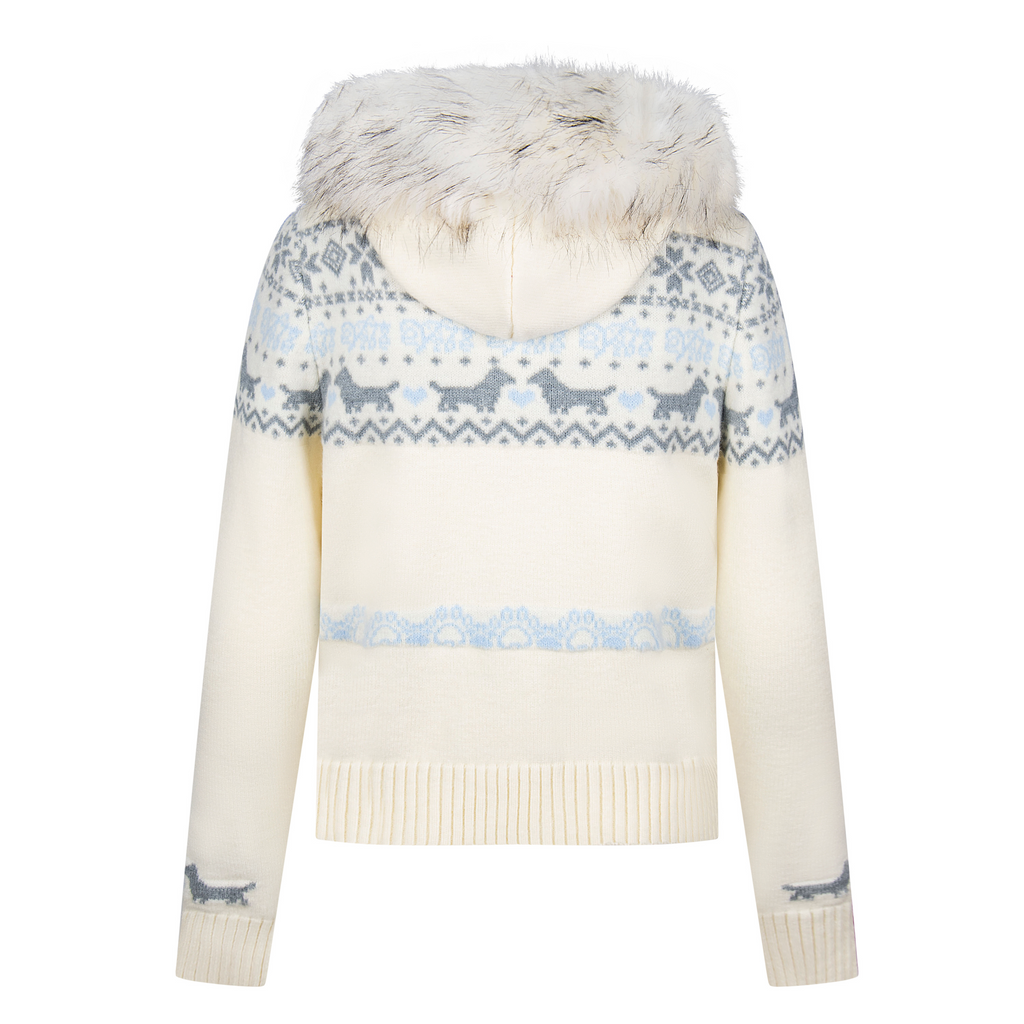 Girly Zip Up Hooded Cardigan Sweater with Fur Hood Jackets Knitted Drop Shoulder Fall Clothes Winter Hoodies Outerwear