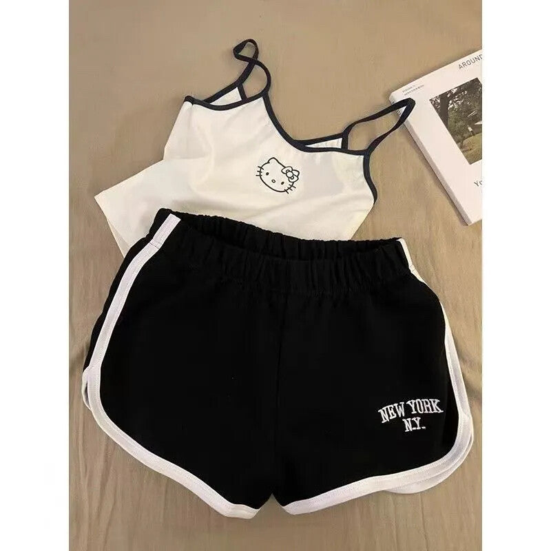 HK Built-in Bra Tank & Shorts Set - Pure Cotton Sleepwear for Girls