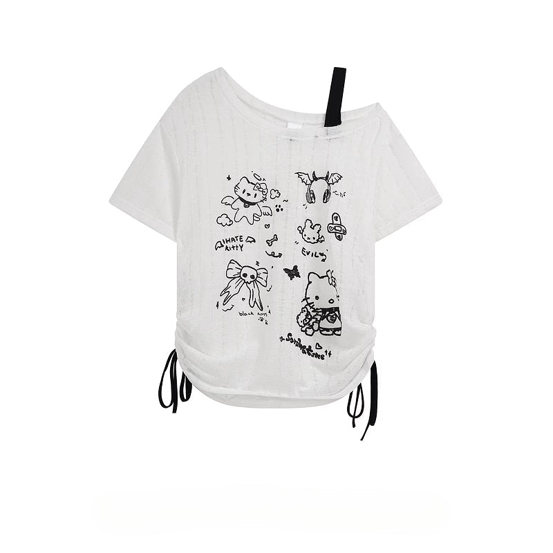 HK Off-Shoulder Crop Top - Drawstring Waist Summer Tee for Women