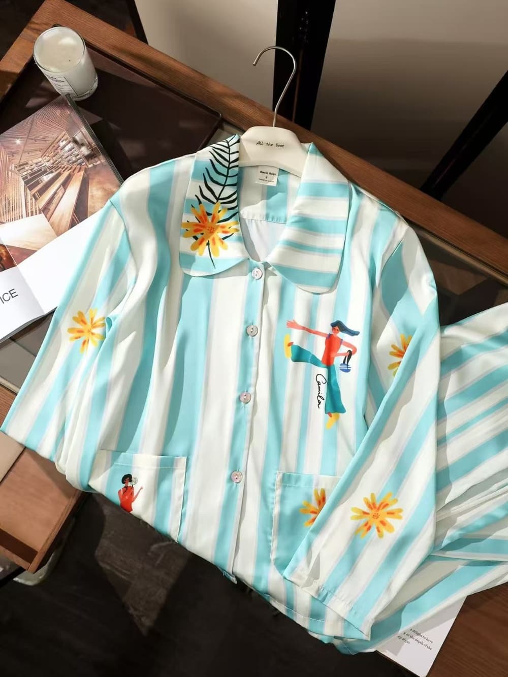 Mint green stripe satin Cartoon Print Pajama Set