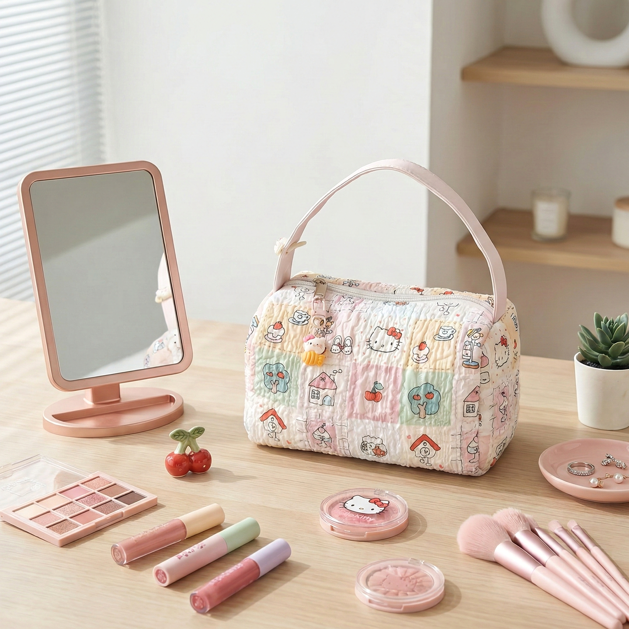Hello Kitty Patchwork Print Cosmetic Bag