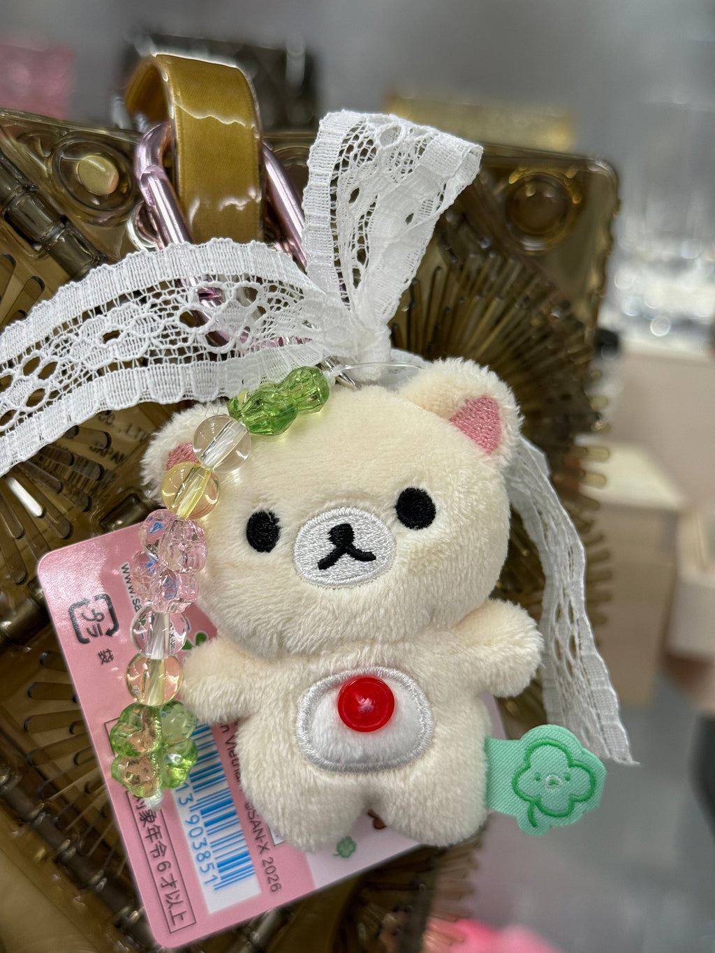 Sanrio x Rilakkuma Four-Leaf Clover Plush Toy, Plush Toy Hanging Snap, Little White Bear Hanging Snap