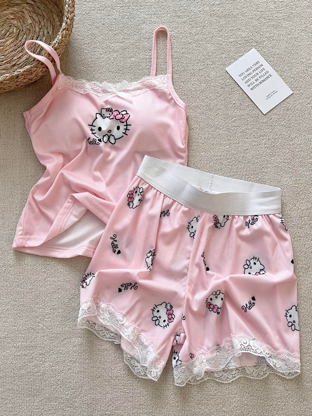 Hellokitty Pink Lace Pajama Set for Women 2 Piece Lingerie Sleepwear Camisole Pj Shorts Set Nightwear