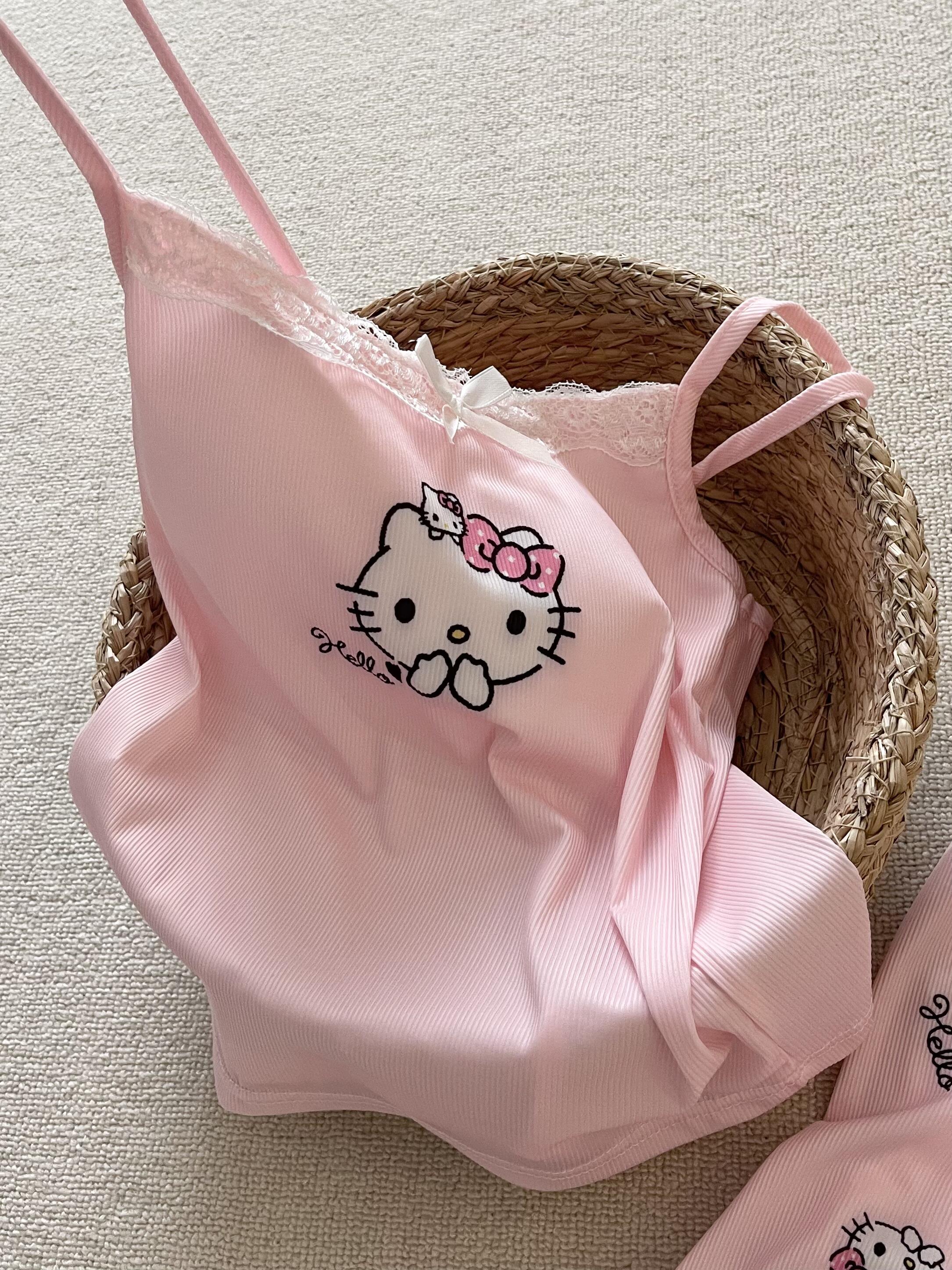 Hellokitty Pink Lace Pajama Set for Women 2 Piece Lingerie Sleepwear Camisole Pj Shorts Set Nightwear