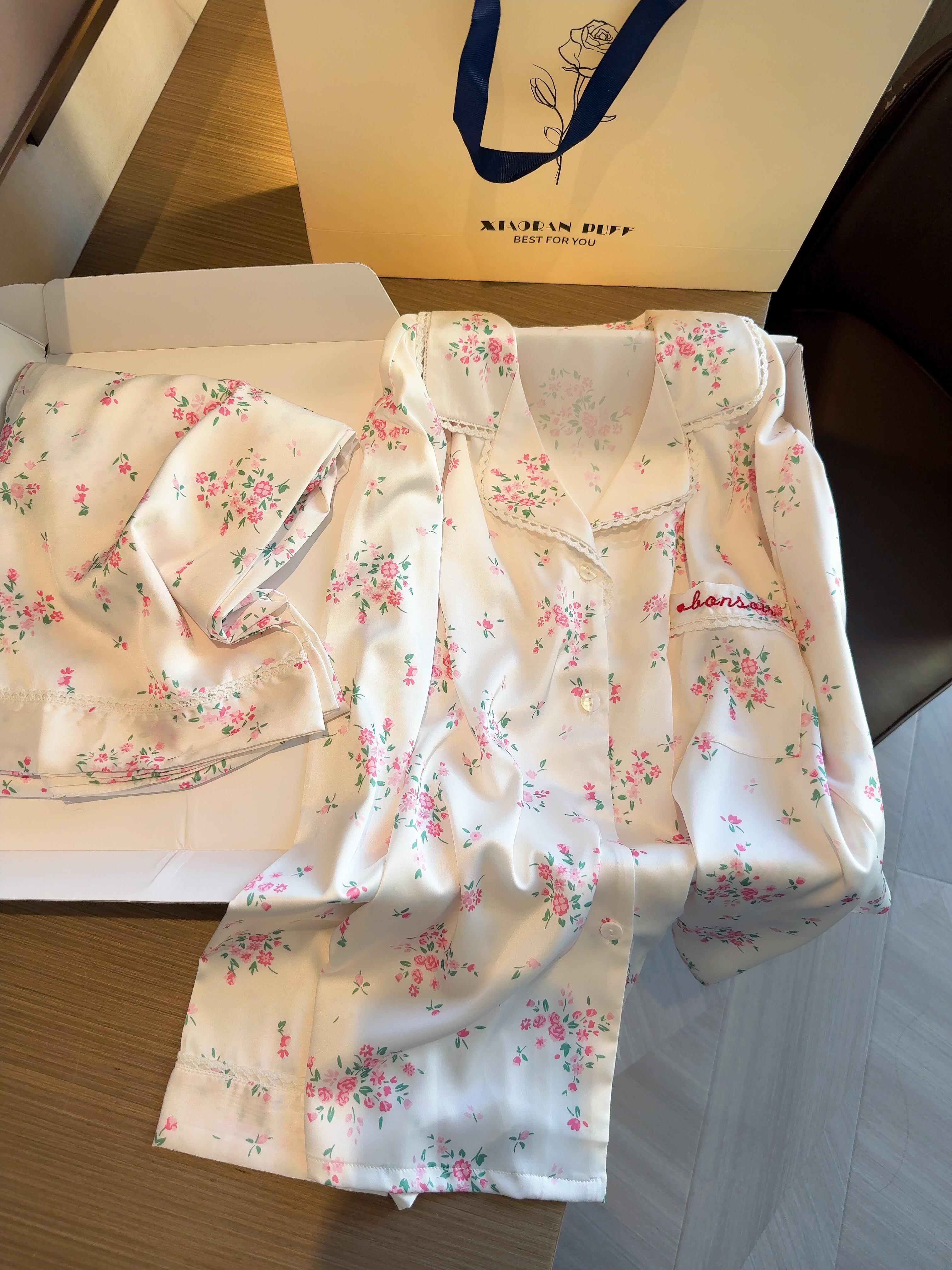 Girly Floral Print Slik Stain Pajamas Set Long Sleeve Sleepwear Button Down Nightwear Soft Pj Lounge Sets
