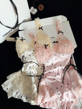 Black Heart Print Lace Trim Double Layer Gauze Silk Nightgown for Women Satin Slip Dress Nightdress