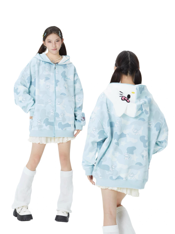 Hellokitty Camouflage Hoodies Fall Jacket Oversized Sweatshirts Casual Drawstring Zip Up Y2K Hoodie with Pocket