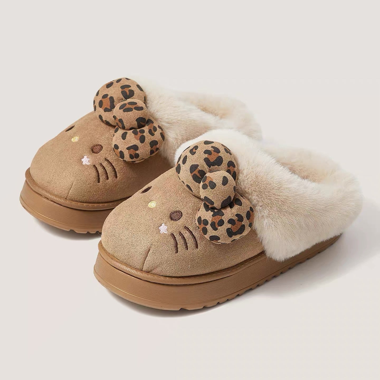 Hellokitty Fuzzy Brown Slippers Fluffy Fall Winter House Shoes Indoor and Outdoor