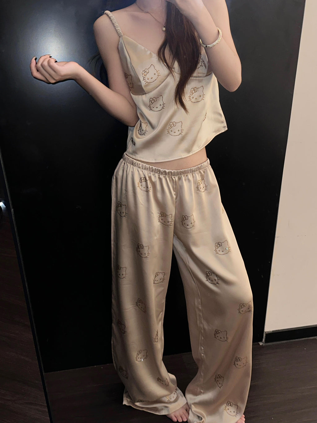 Hellokitty Champagne Satin Pajama Set for Women 2 Piece Silky Lingerie Sleepwear Camisole Pj Shorts Set Soft Nightwear