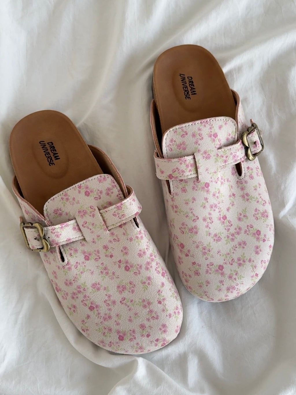 Floral Print Suede Clogs Leather Mules Cork Footbed Sandals Potato Shoes with Arch Support