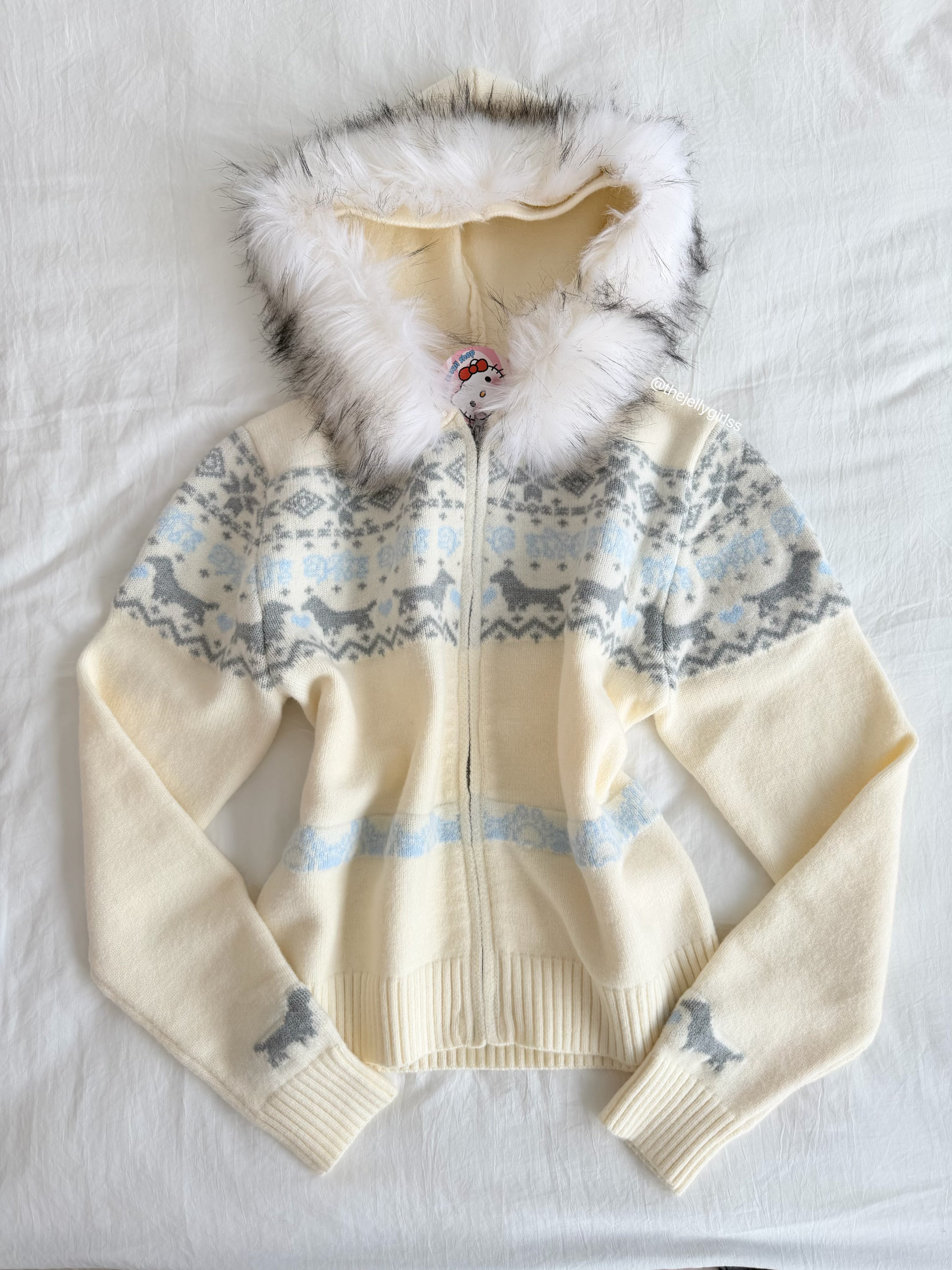 Girly Zip Up Hooded Cardigan Sweater with Fur Hood Jackets Knitted Drop Shoulder Fall Clothes Winter Hoodies Outerwear