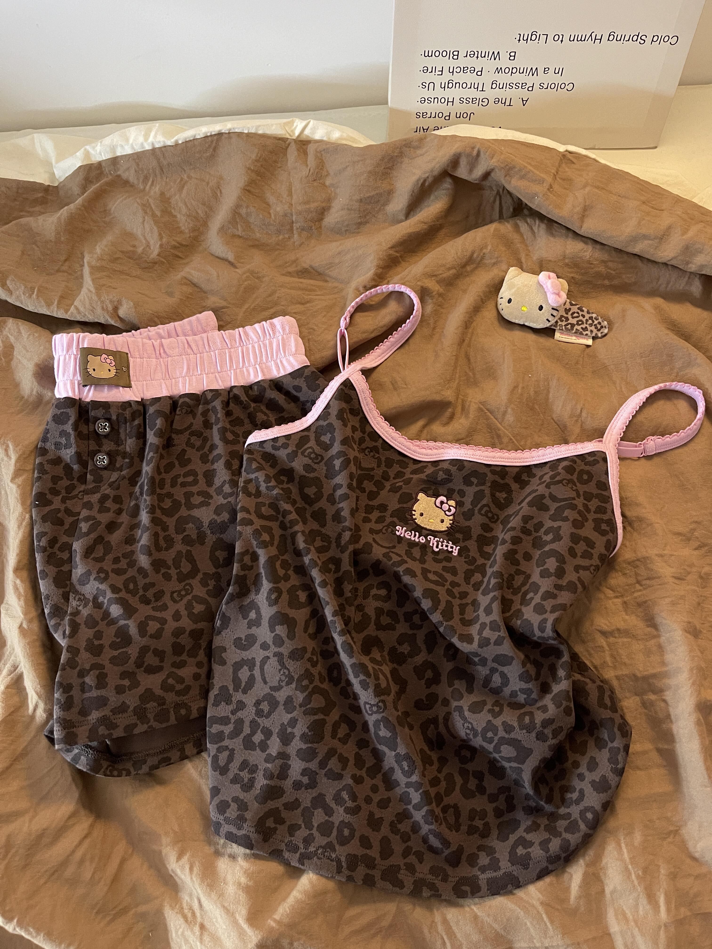 Hellokitty Leopard Print Cotton Cute Short&Long Pajama Set 2 Piece Sleepwear