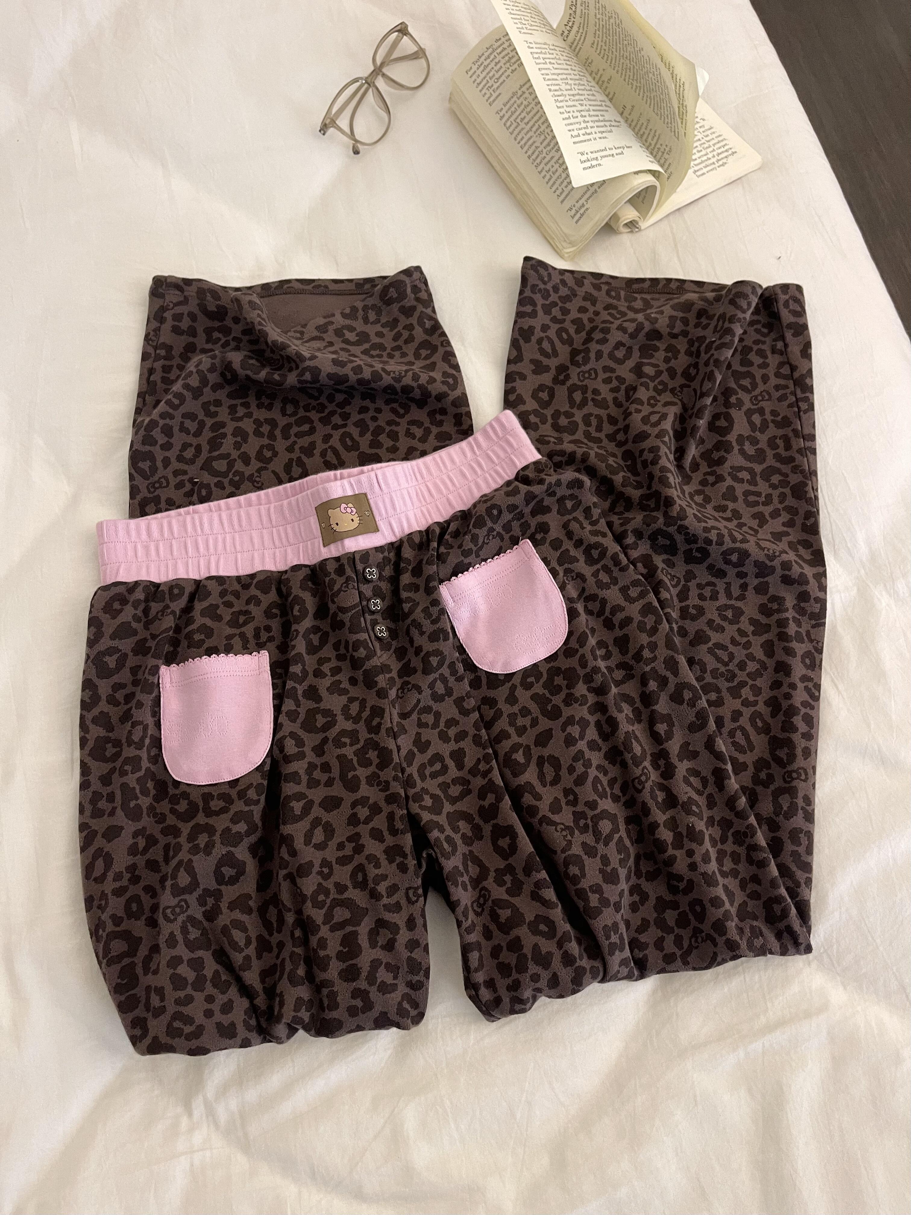 Hellokitty Leopard Print Cotton Cute Short&Long Pajama Set 2 Piece Sleepwear