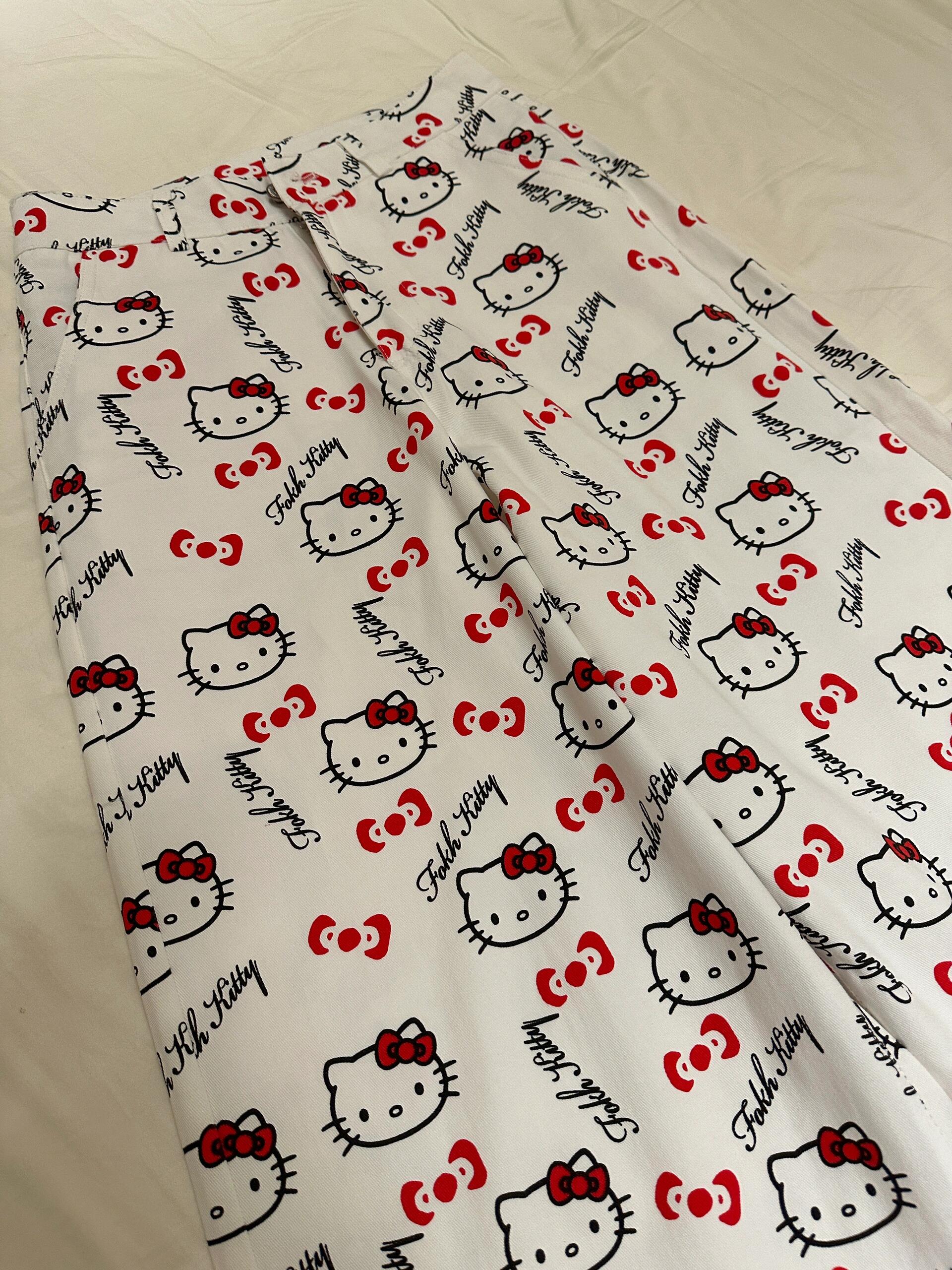 Hello Kitty Print Short Sleeve & Long Pants Pajama Set, Soft Cotton Loungewear