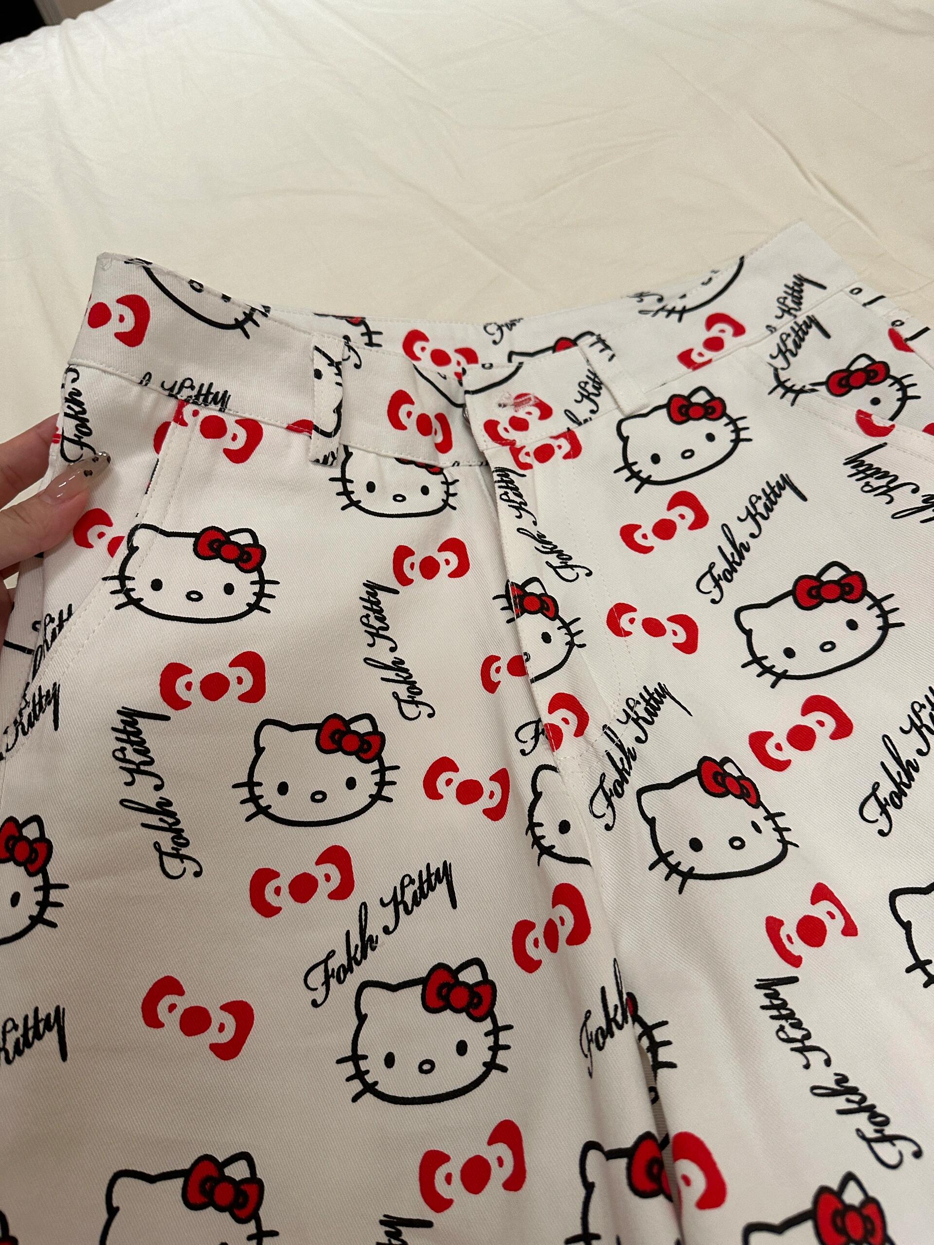 Hello Kitty Print Short Sleeve & Long Pants Pajama Set, Soft Cotton Loungewear