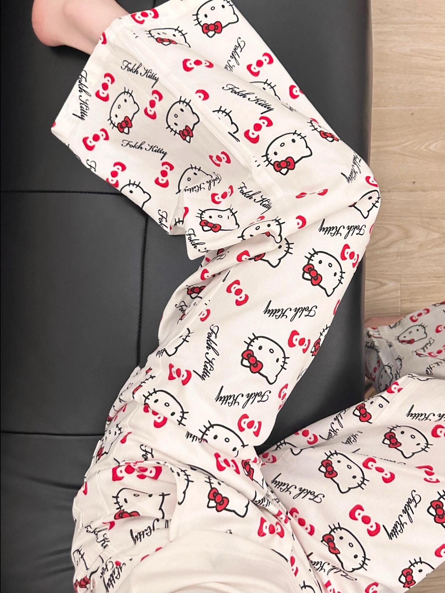 Hello Kitty Print Short Sleeve & Long Pants Pajama Set, Soft Cotton Loungewear