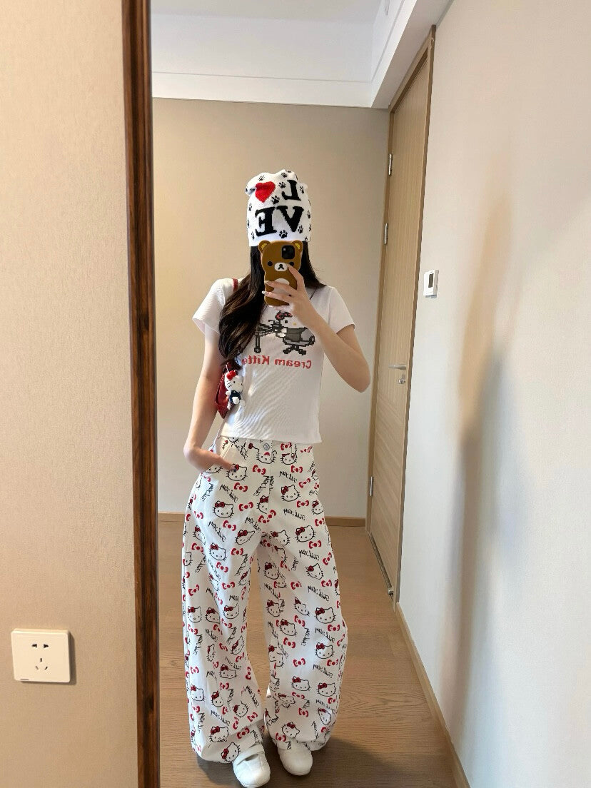 Hello Kitty Print Short Sleeve & Long Pants Pajama Set, Soft Cotton Loungewear