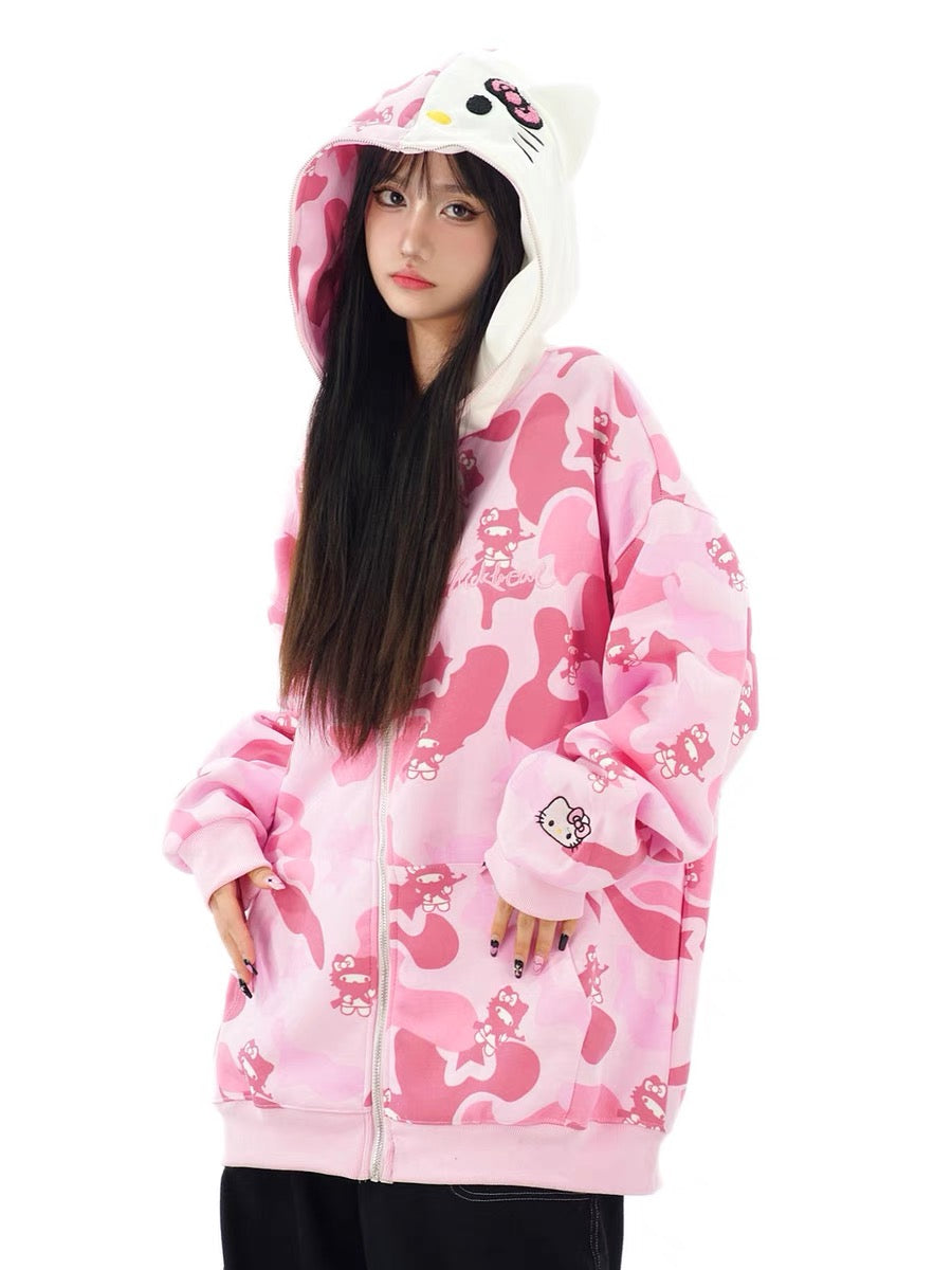Hellokitty Camouflage Hoodies Fall Jacket Oversized Sweatshirts Casual Drawstring Zip Up Y2K Hoodie with Pocket