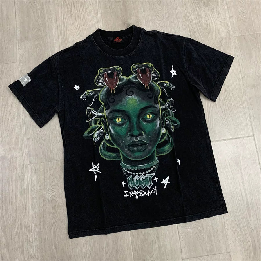 Meichao Lost Retro Washed Medusa Printed Men's and Women's Loose Cotton Round Neck Short sleeved T-shirt