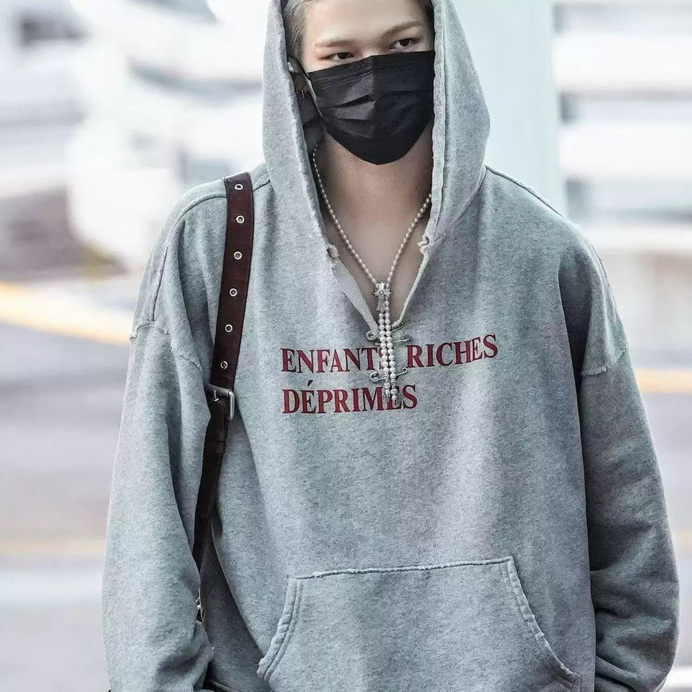 Enfants Riches Déprimés Vintage Torn Pin Decoration Unisex Retro Distressed Loose Hooded Sweatshirt