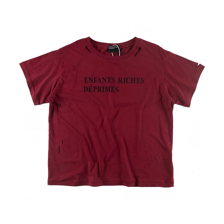 Enfants Riches Déprimés Retro Worn Slogan Print Unisex Loose Casual Red Crew Neck Tee