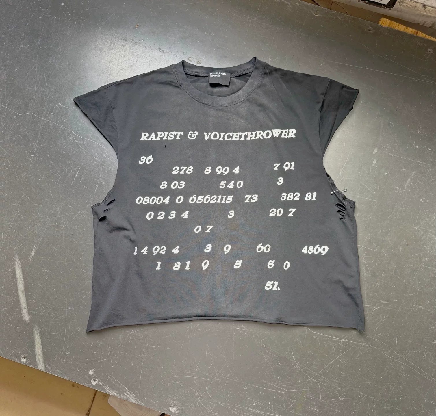 Enfants Riches Déprimés Washed Distressed Pin Detail Unisex Short Boxy Sleeveless Tee