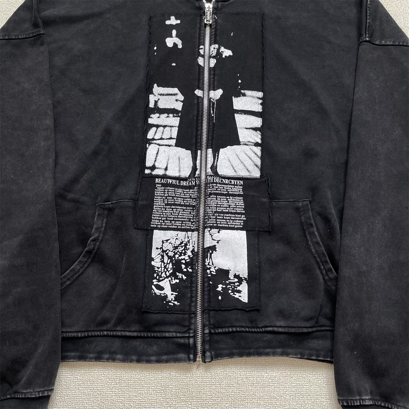 Enfants Riches Déprimés Nun Graphic Patchwork Zipper Heavy Wash Worn Unisex Hooded Cardigan Hoodie