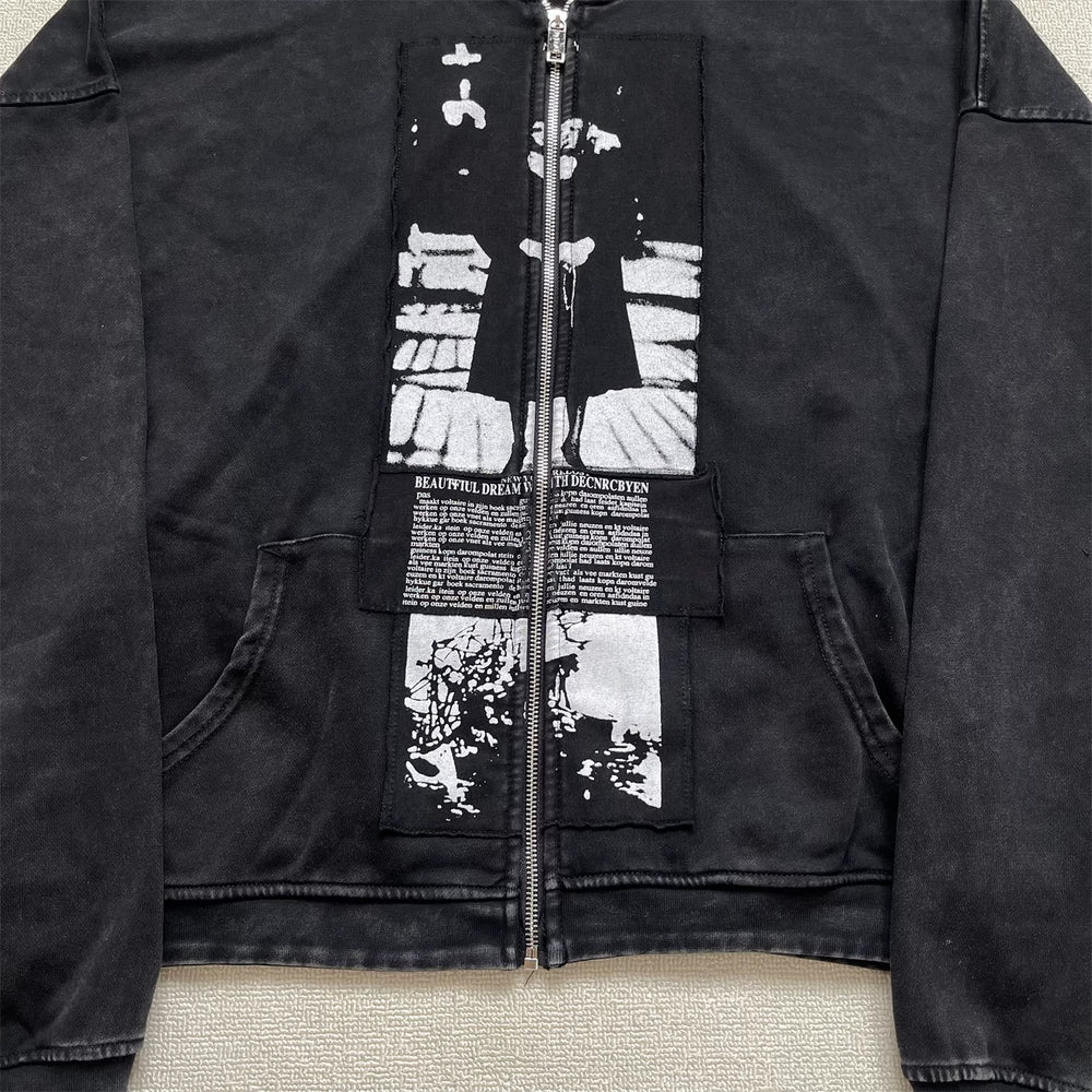 Enfants Riches Déprimés Nun Graphic Patchwork Zipper Heavy Wash Worn Unisex Hooded Cardigan Hoodie