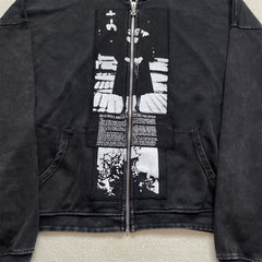 Enfants Riches Déprimés Nun Graphic Patchwork Zipper Heavy Wash Worn Unisex Hooded Cardigan Hoodie
