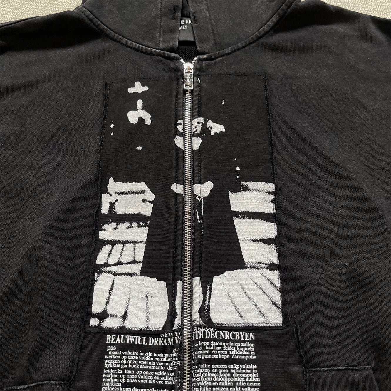 Enfants Riches Déprimés Nun Graphic Patchwork Zipper Heavy Wash Worn Unisex Hooded Cardigan Hoodie