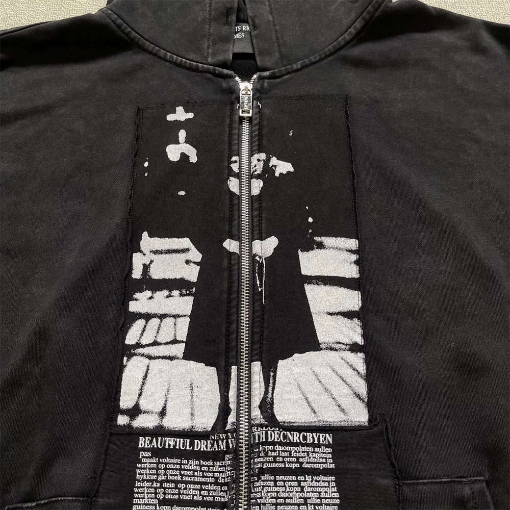 Enfants Riches Déprimés Nun Graphic Patchwork Zipper Heavy Wash Worn Unisex Hooded Cardigan Hoodie