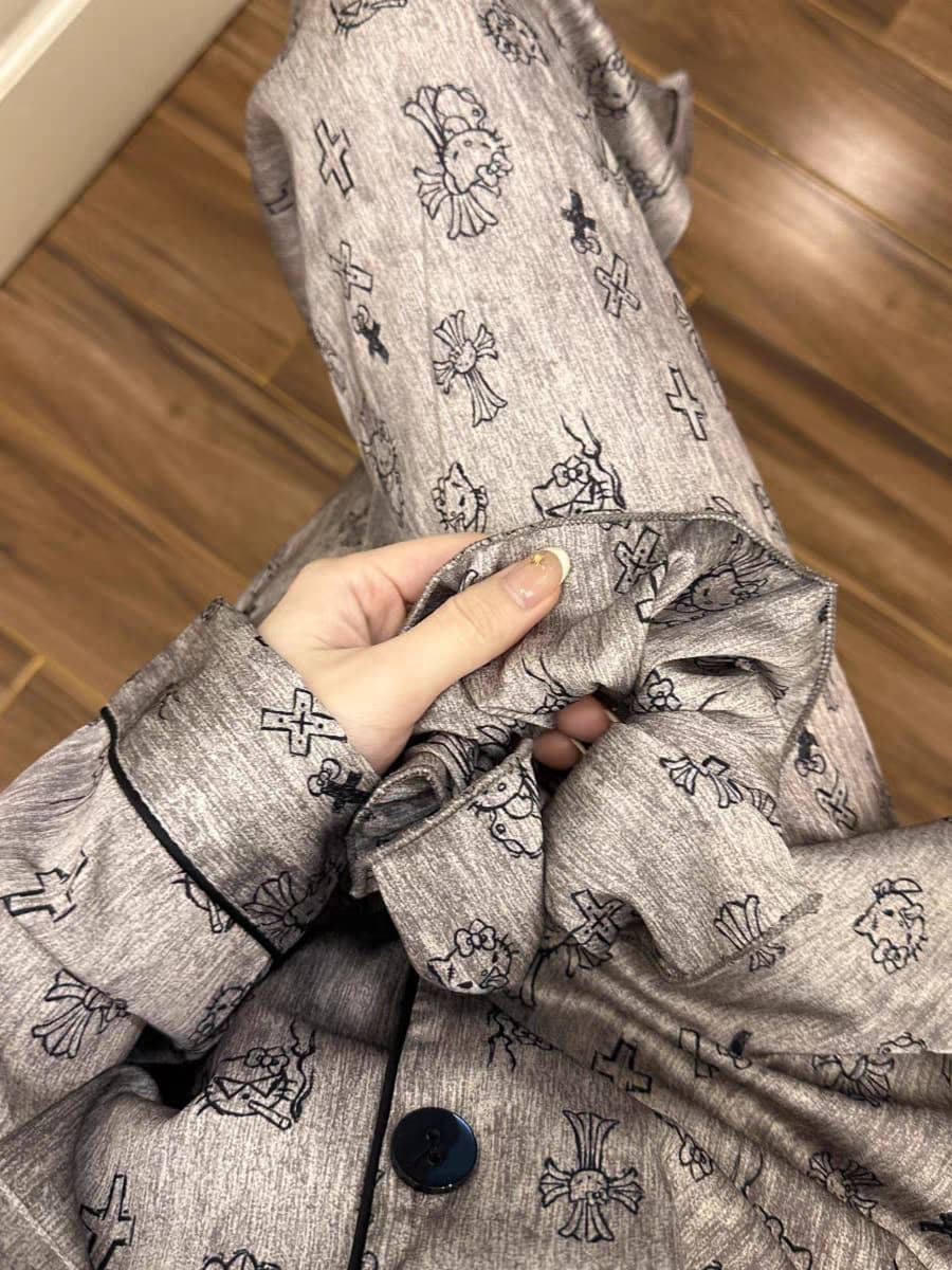Gothic Kitty Cartoon Print Satin Pajama Set