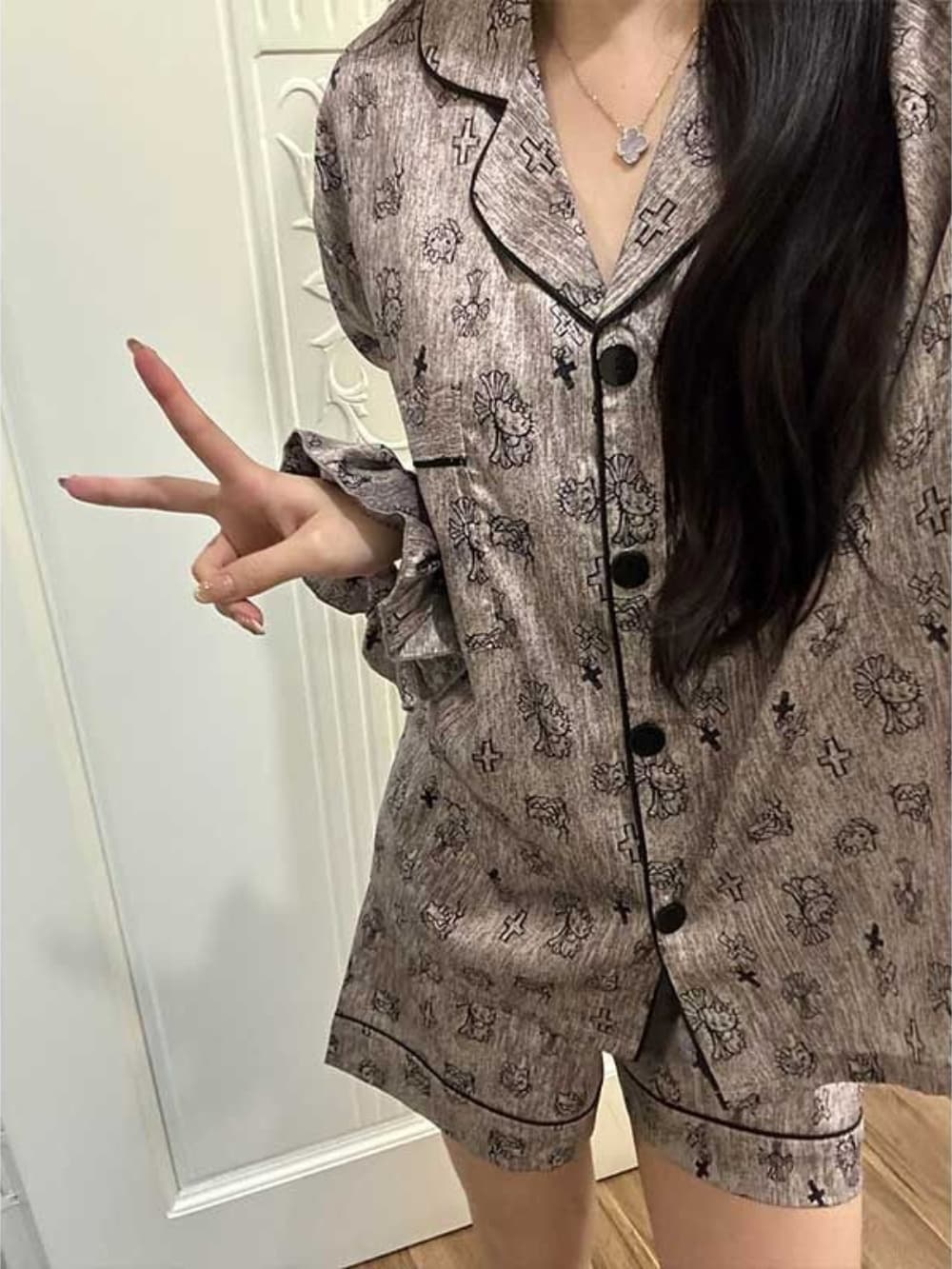 Gothic Kitty Cartoon Print Satin Pajama Set