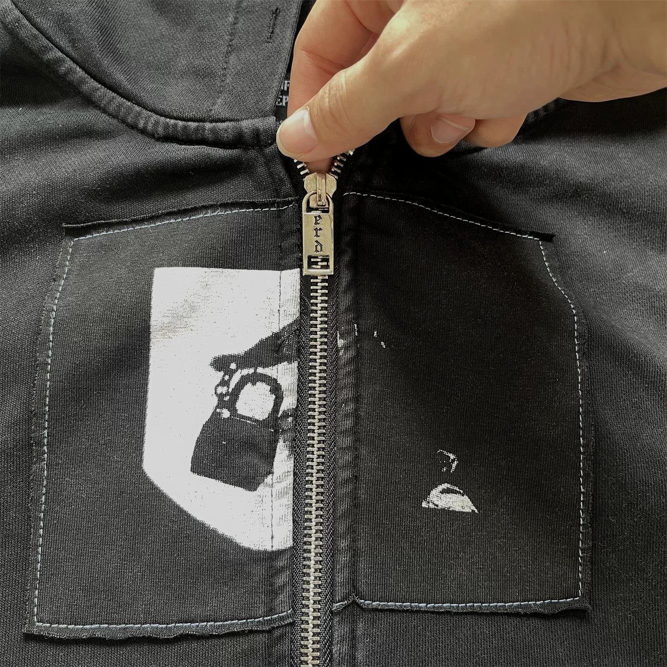 Enfants Riches Déprimés Madonna Patch Washed Vintage Zip‑Up Hooded Cardigan Unisex Jacket