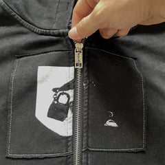 Enfants Riches Déprimés Madonna Patch Washed Vintage Zip‑Up Hooded Cardigan Unisex Jacket