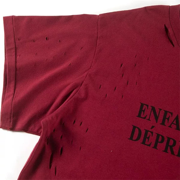 Enfants Riches Déprimés Retro Worn Slogan Print Unisex Loose Casual Red Crew Neck Tee