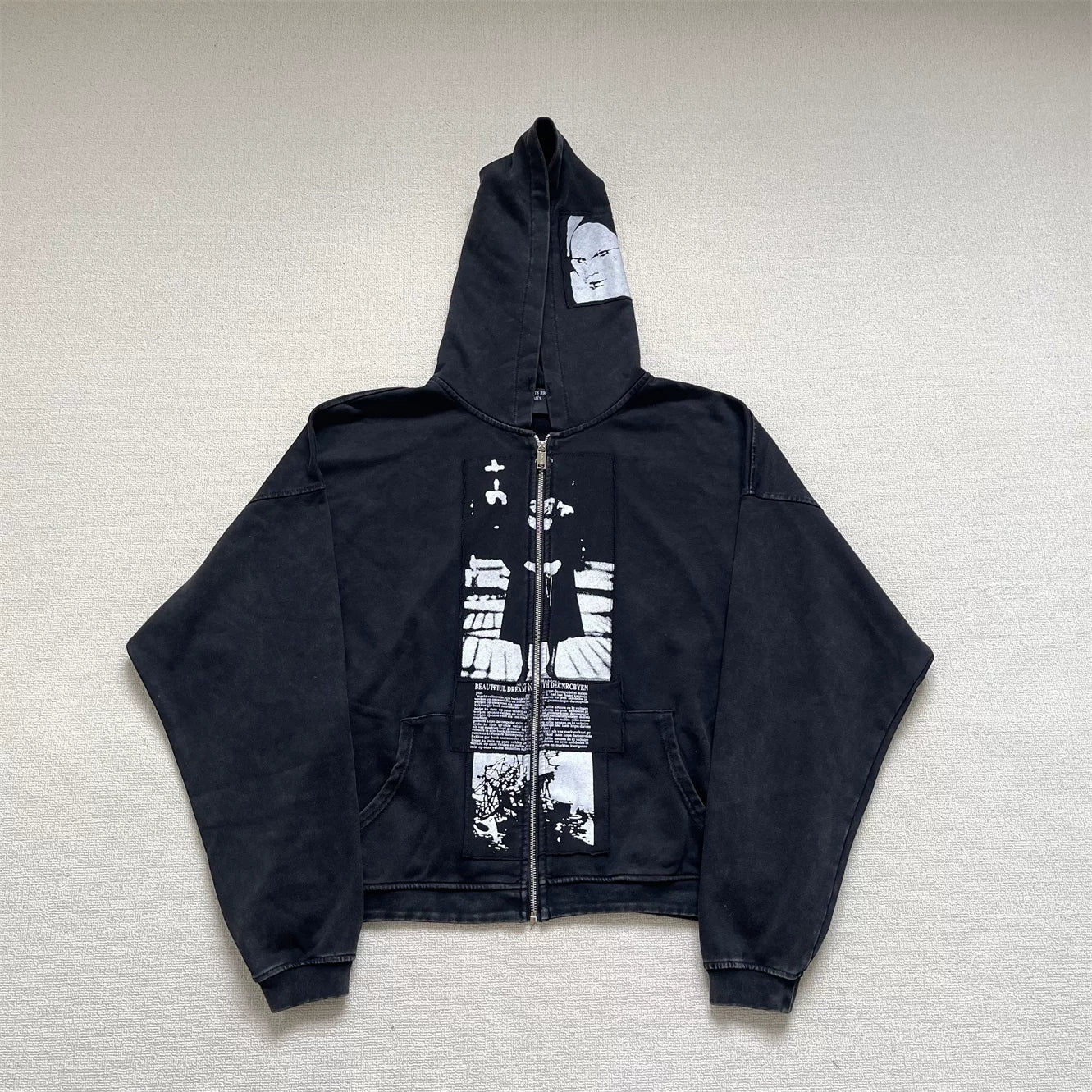 Enfants Riches Déprimés Nun Graphic Patchwork Zipper Heavy Wash Worn Unisex Hooded Cardigan Hoodie
