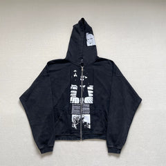 Enfants Riches Déprimés Nun Graphic Patchwork Zipper Heavy Wash Worn Unisex Hooded Cardigan Hoodie
