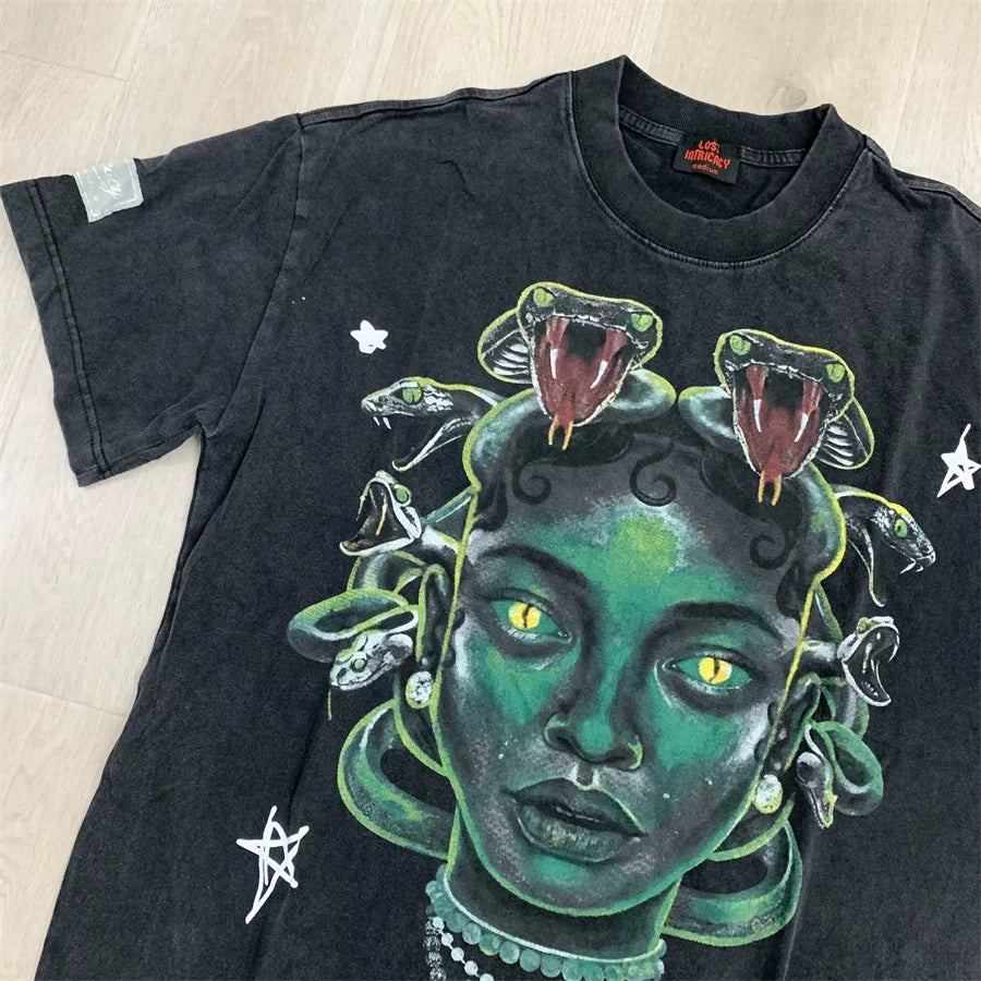 Meichao Lost Retro Washed Medusa Printed Men's and Women's Loose Cotton Round Neck Short sleeved T-shirt