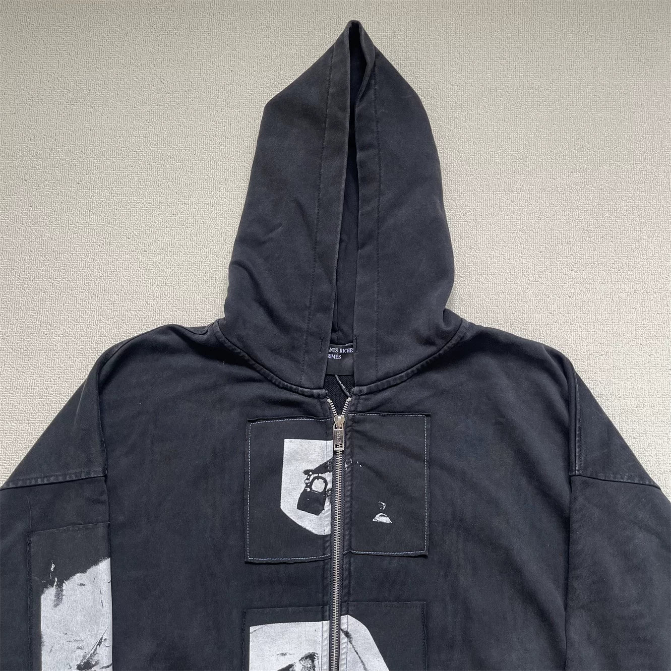 Enfants Riches Déprimés Madonna Patch Washed Vintage Zip‑Up Hooded Cardigan Unisex Jacket