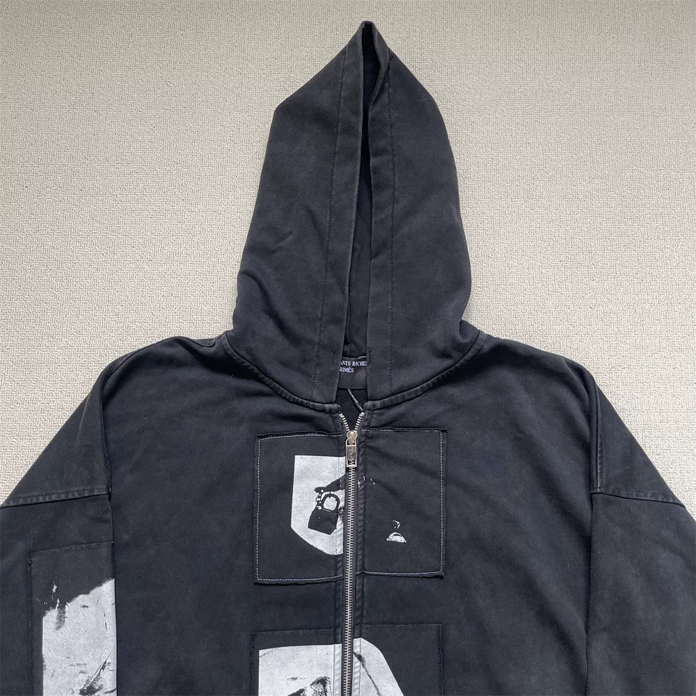 Enfants Riches Déprimés Madonna Patch Washed Vintage Zip‑Up Hooded Cardigan Unisex Jacket