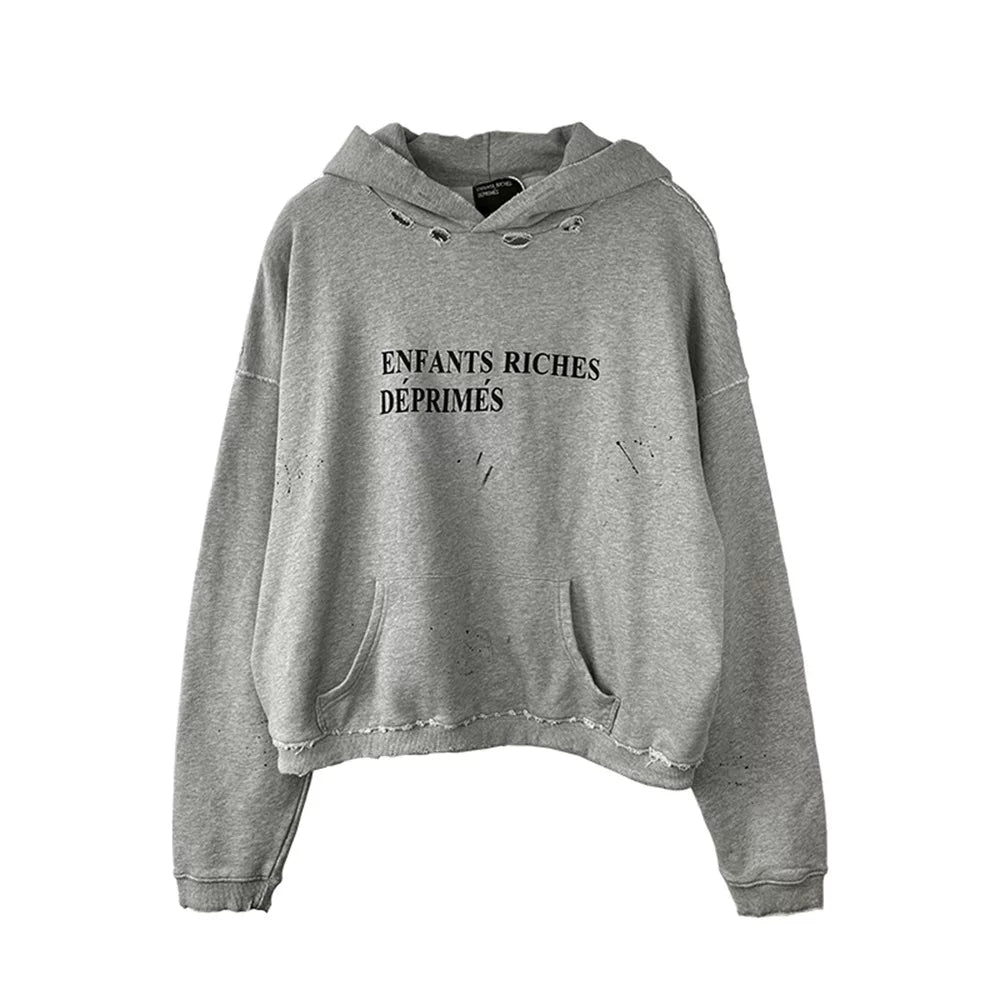 Enfants Riches Déprimés Distressed Vintage Slogan Logo Unisex High Street Loose Pullover Hoodie
