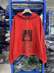 Enfants Riches Déprimés Red Portrait Patch Distressed Zip‑Up Hooded Cardigan
