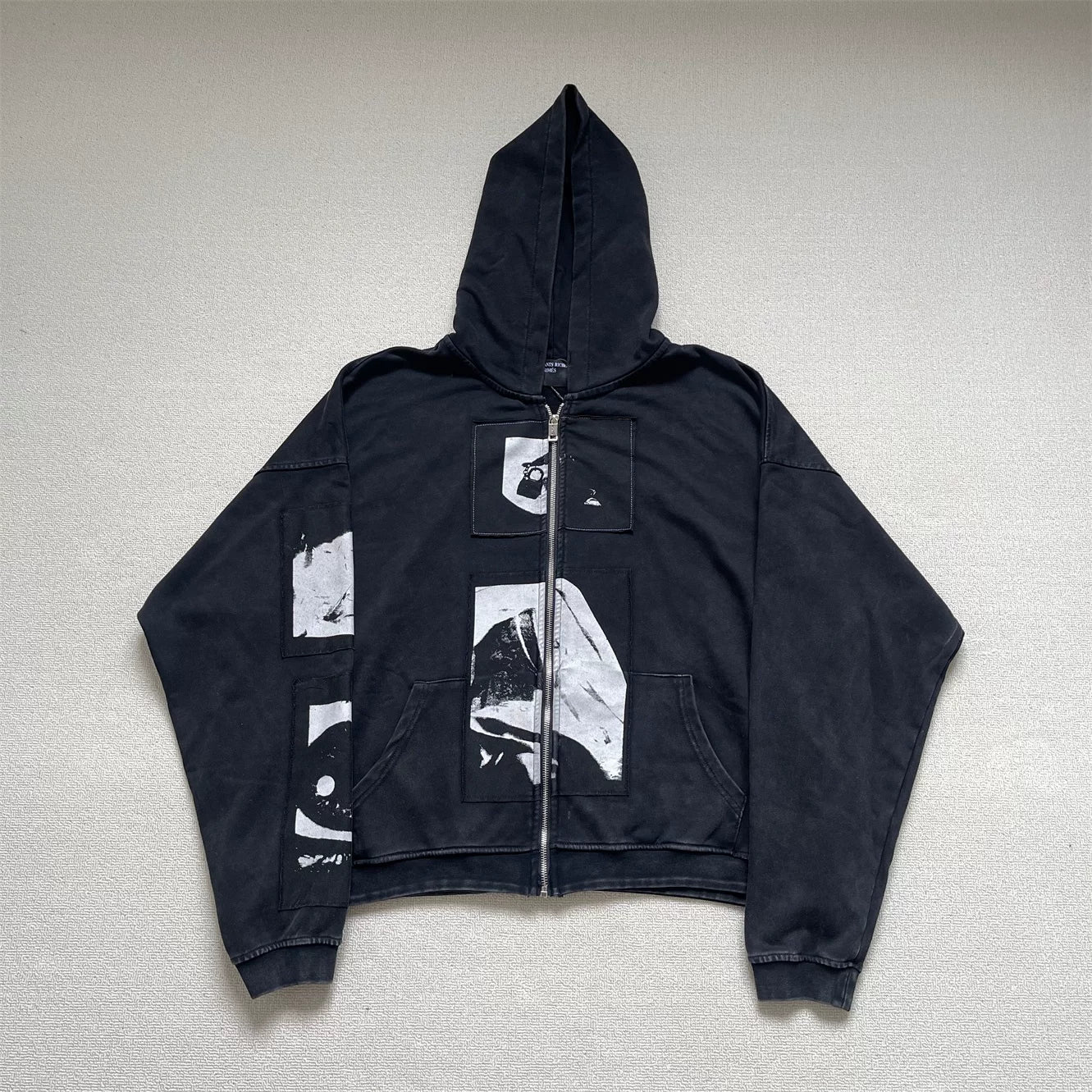 Enfants Riches Déprimés Madonna Patch Washed Vintage Zip‑Up Hooded Cardigan Unisex Jacket