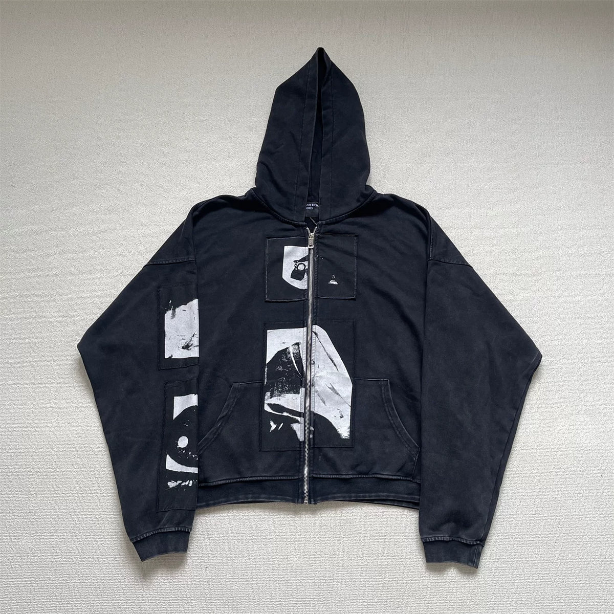 Enfants Riches Déprimés Madonna Patch Washed Vintage Zip‑Up Hooded Cardigan Unisex Jacket