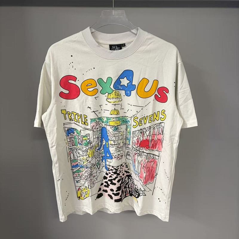 Triple Sevens Off‑White Colorful Cartoon Store Scene Graphic Tee