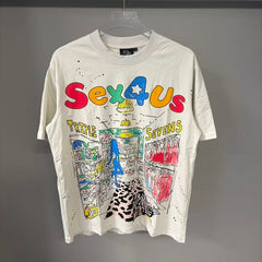 Triple Sevens Off‑White Colorful Cartoon Store Scene Graphic Tee