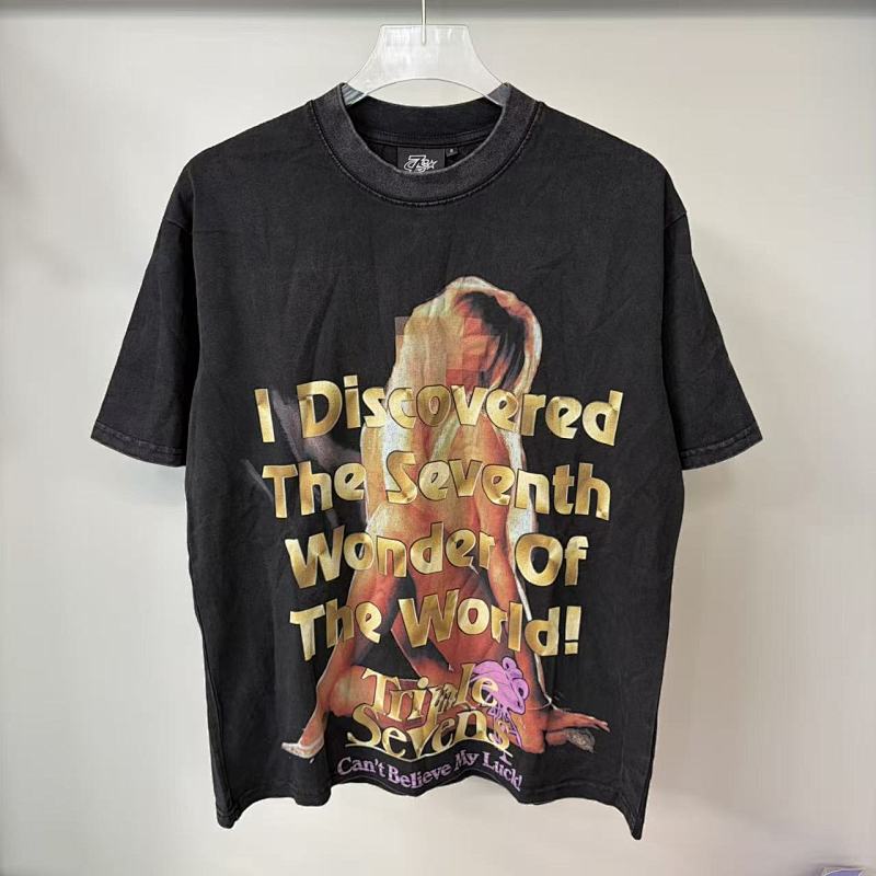 Triple Sevens Vintage Washed Figure Graphic T‑Shirt Gold Letter Print Loose Tee