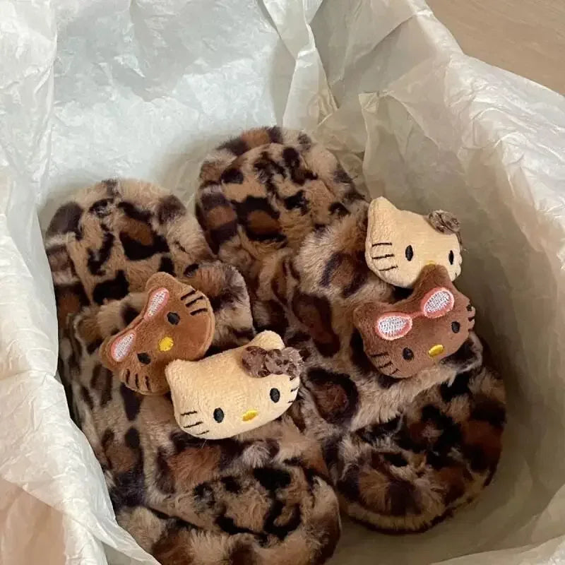 Hello Kitty Fuzzy Leopard Print Slippers